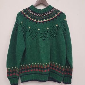 Vtg Gina Peters Thick Knit Nordic Bobble Sweater Size M Green Cabincore Birdseye